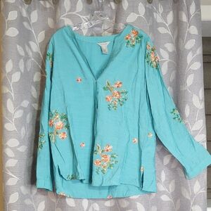 Multiples Blue Floral Embroidered Women's Top size M